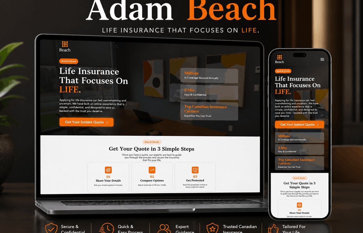 Adam Beach term life insurance site, with a three-step quote form and Canadian carrier comparison