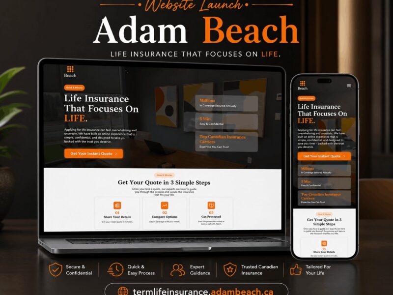 Adam Beach term life insurance site, with a three-step quote form and Canadian carrier comparison