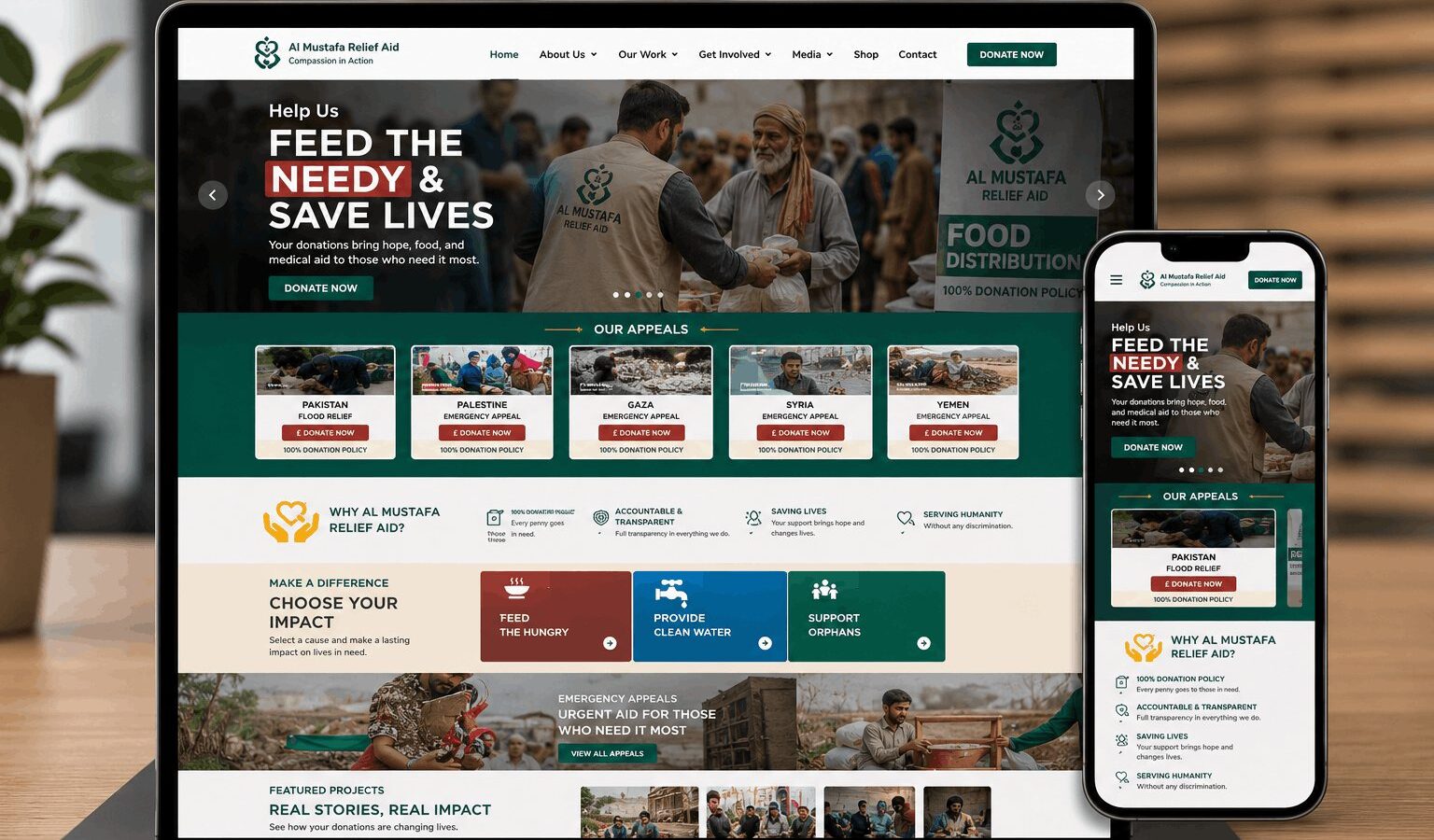 Al Mustafa Relief Aid site, showing an appeals grid and the direct donation flow