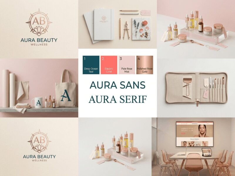 Aura Beauty identity: an AB monogram, blush and cream packaging, and a retail interior