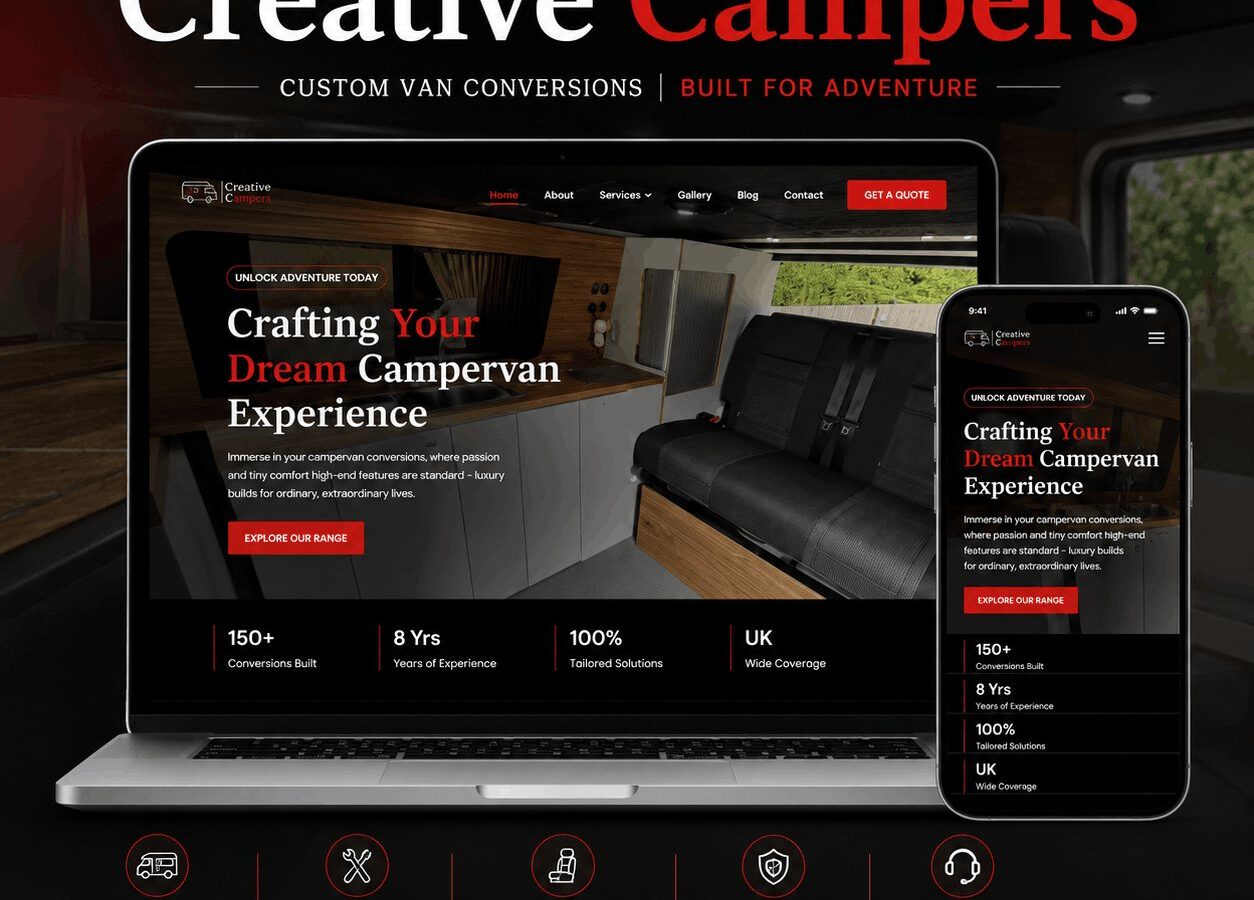 Creative Campers site for custom van conversions, showing a fitted interior and the quote request