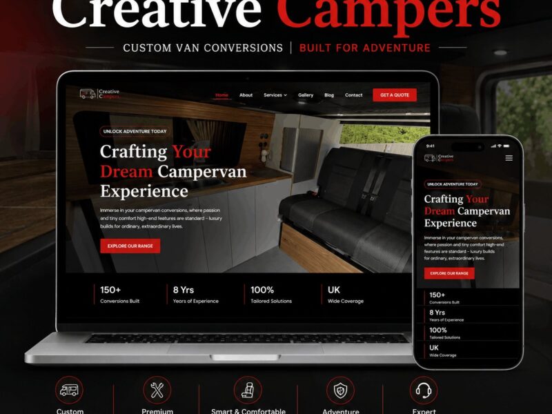 Creative Campers site for custom van conversions, showing a fitted interior and the quote request