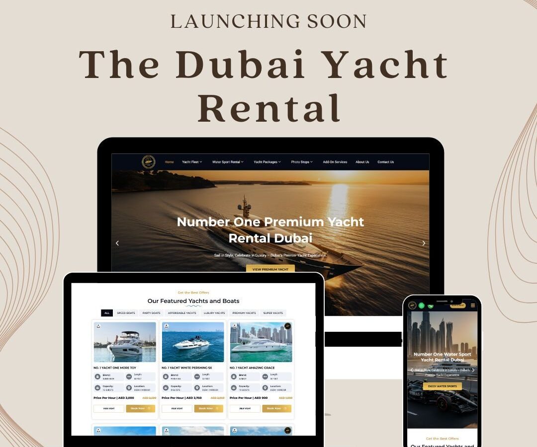 The Dubai Yacht Rental site, with charter listings and a date-based booking flow