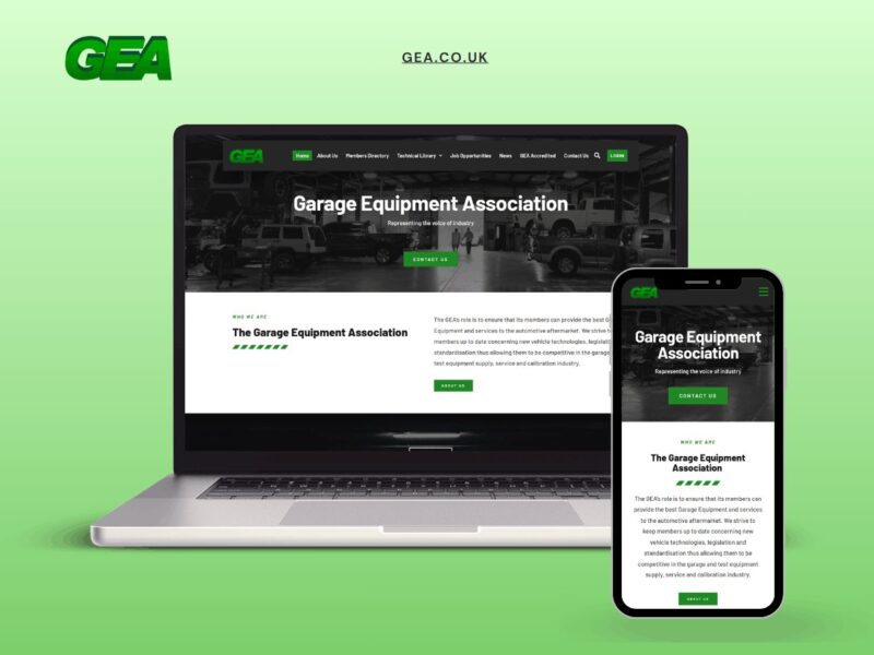Garage Equipment Association site, listing member services and industry standards