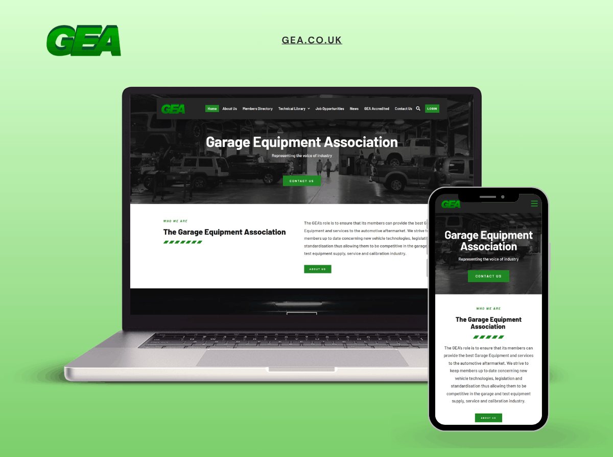 Garage Equipment Association site, listing member services and industry standards