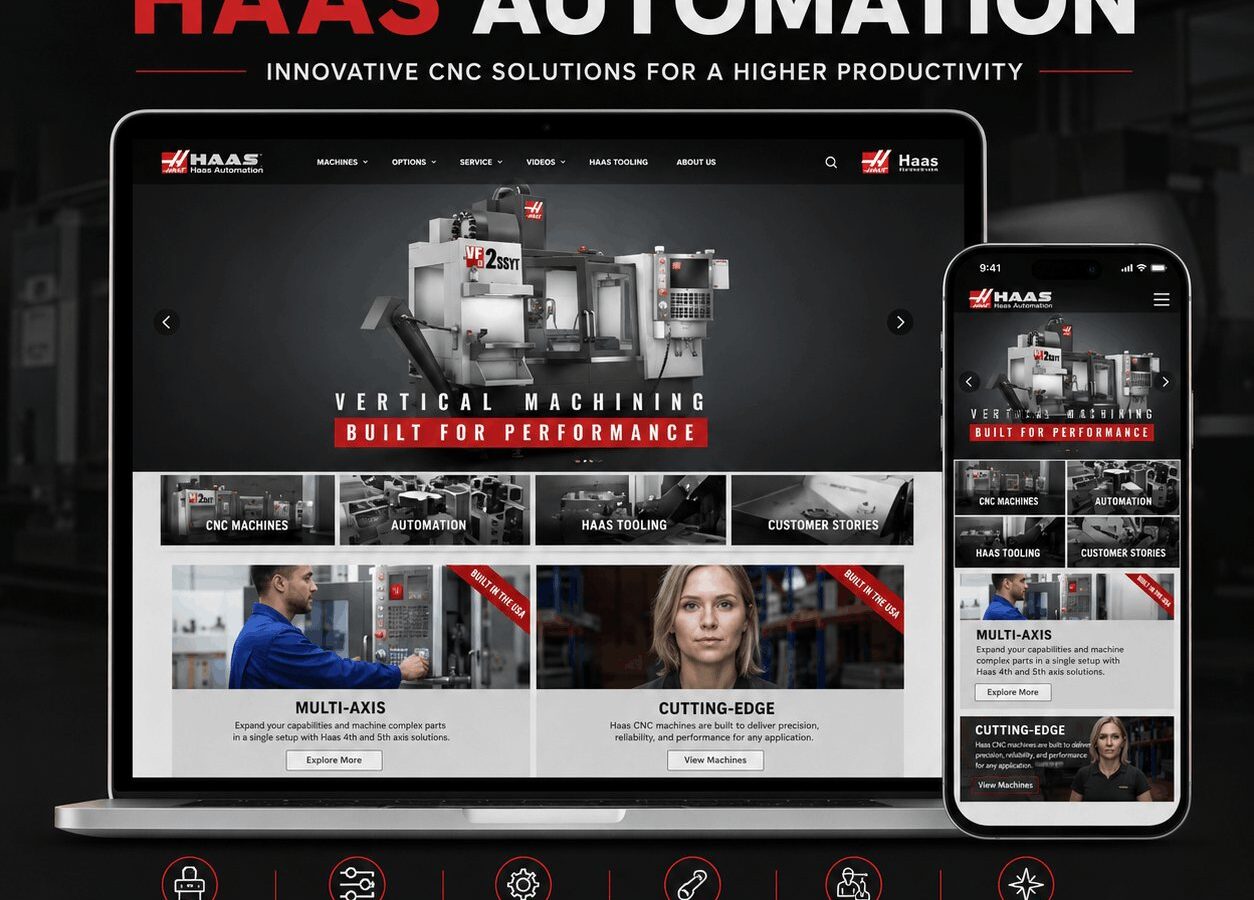 Haas Automation site for CNC machine tools, with the vertical machining range and tooling catalogue