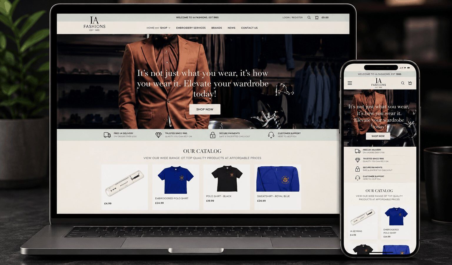 IA Fashions online store, established 1908, with a product grid and account registration