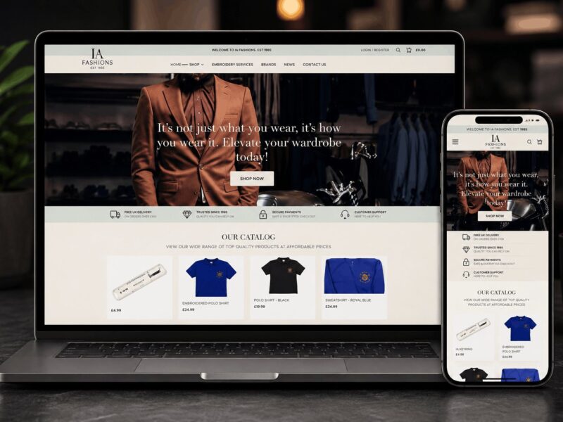 IA Fashions online store, established 1908, with a product grid and account registration