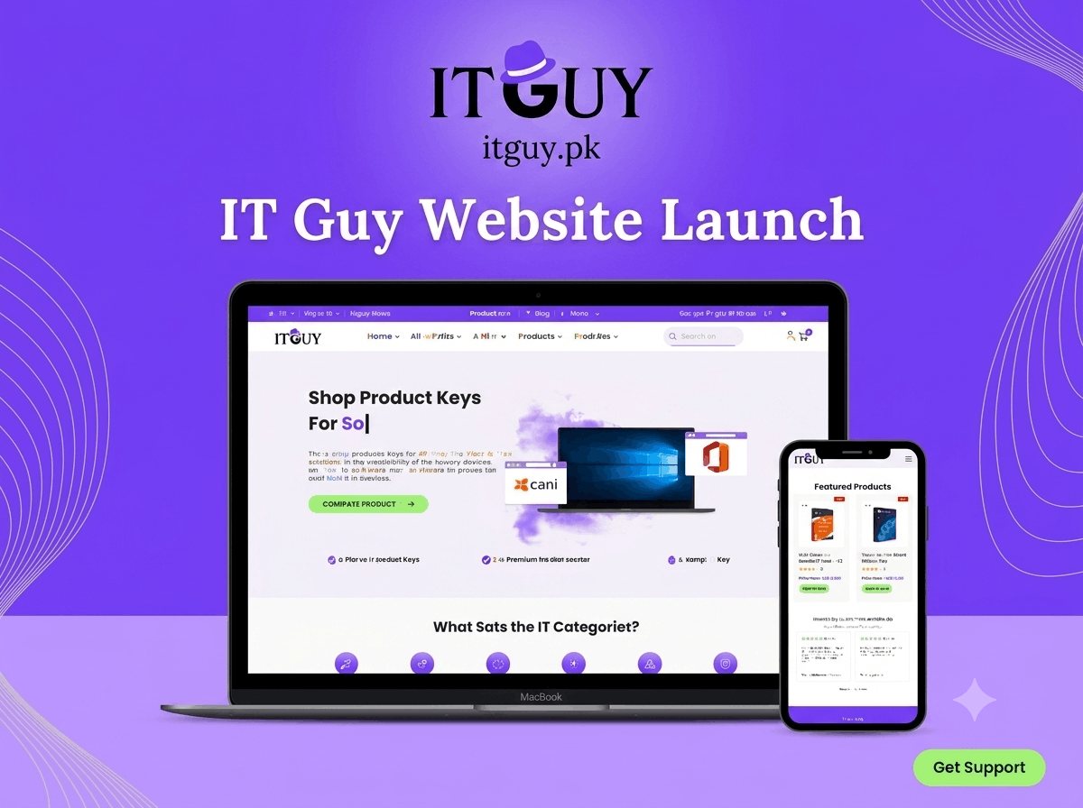 IT Guy storefront selling software licences, with a multi-level mega menu and instant delivery