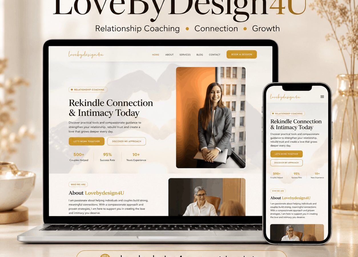 LoveByDesign4U relationship coaching site, with a booking call to action and practitioner profile