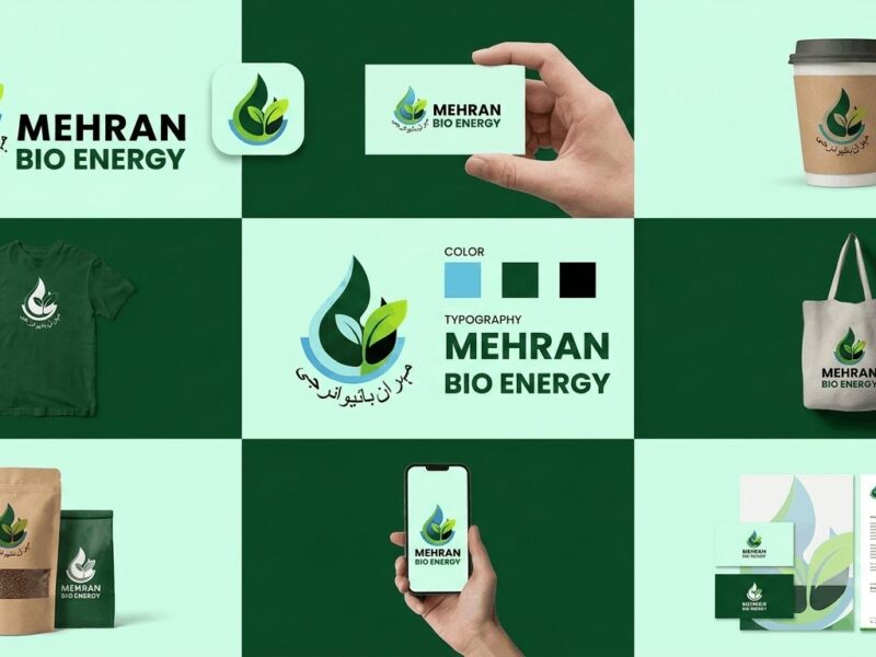 Mehran Bio Energy identity: a leaf and droplet mark in green, on cups, cards and a phone screen