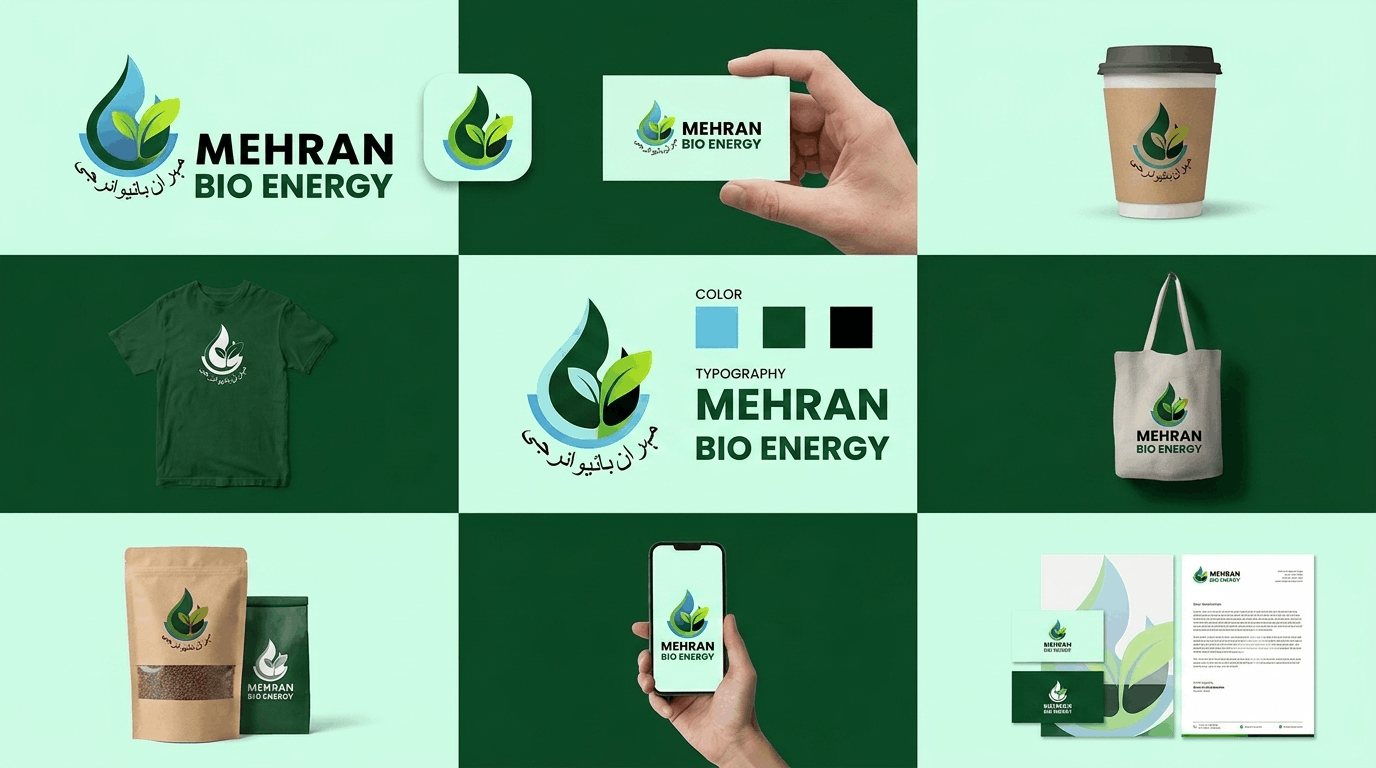 Mehran Bio Energy identity: a leaf and droplet mark in green, on cups, cards and a phone screen