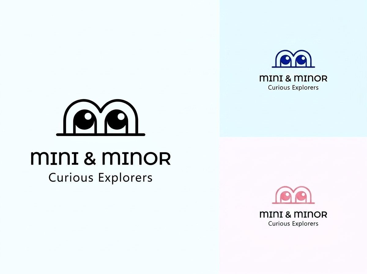 Mini & Minor logo, a pair of eyes above the wordmark, shown in blue and pink