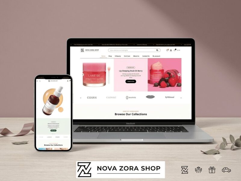 Nova Zora K-Beauty store, with four product categories and a shop-by-collection layout