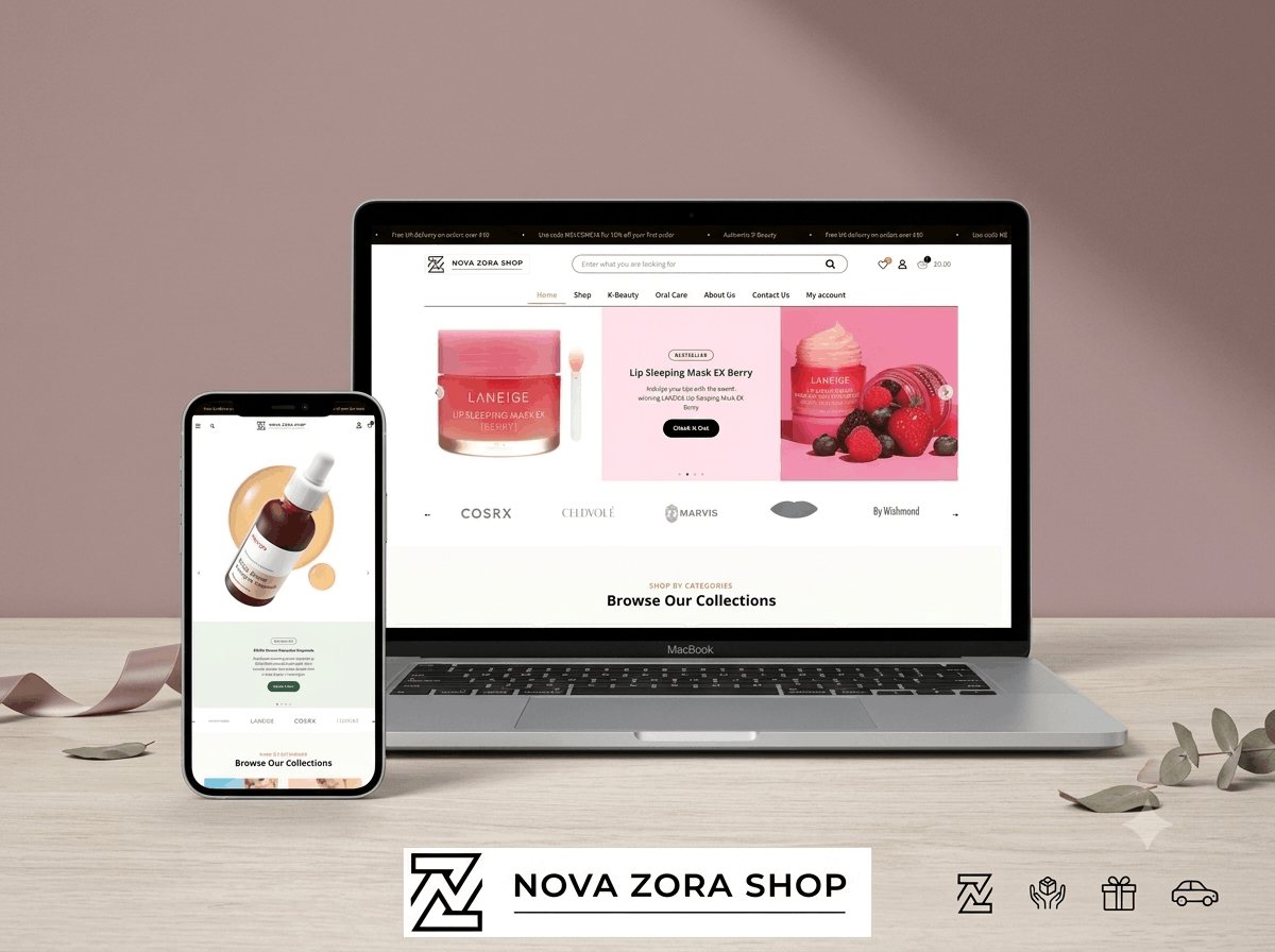 Nova Zora K-Beauty store, with four product categories and a shop-by-collection layout