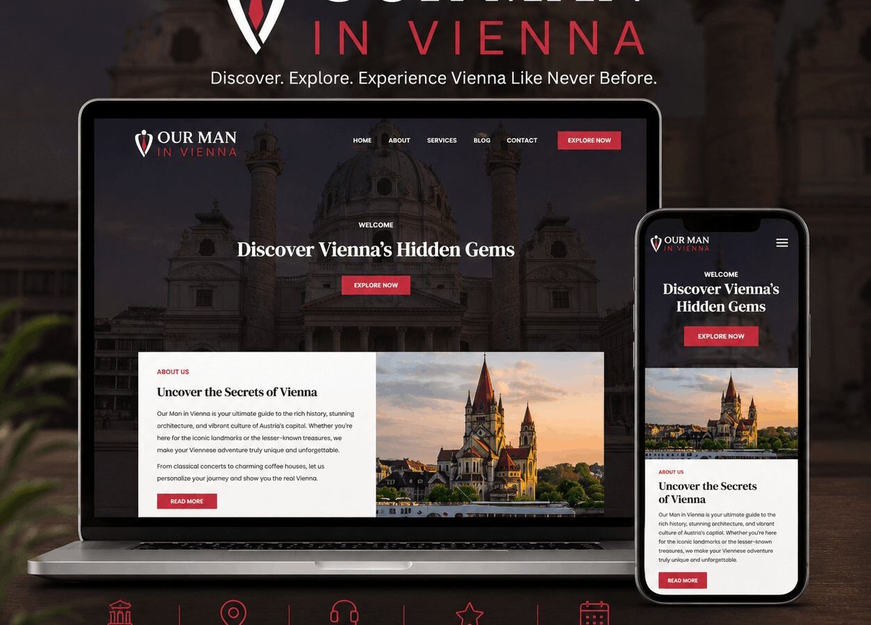 Our Man in Vienna, a city guide site with hidden-gem listings over a photograph of the Karlskirche