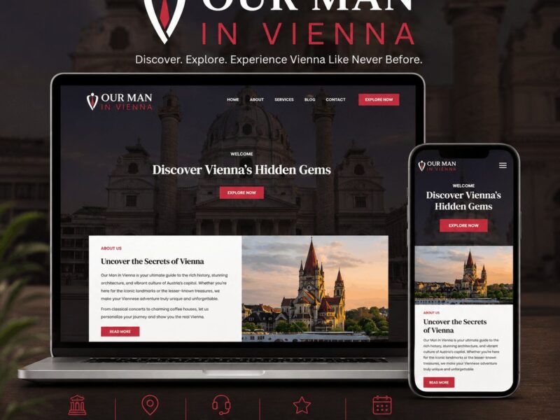 Our Man in Vienna, a city guide site with hidden-gem listings over a photograph of the Karlskirche