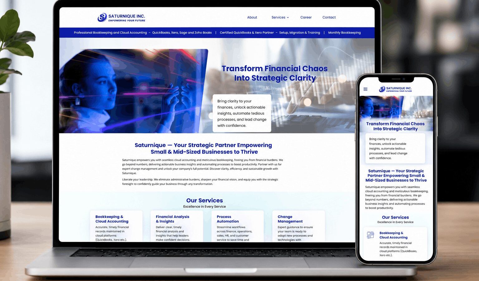 Saturnique Inc. corporate site with an about section, services menu and careers page