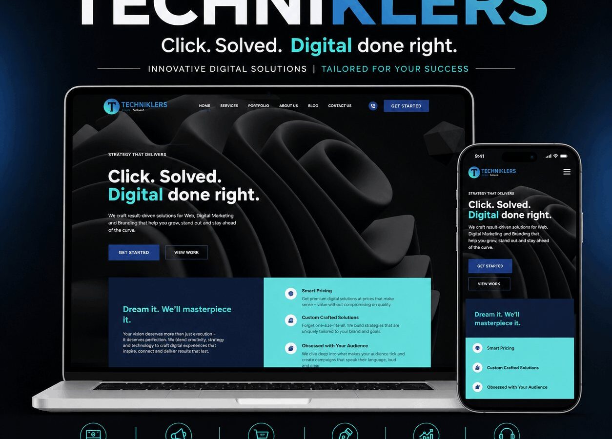 Techniklers site for a digital services agency, listing web design, SEO and e-commerce work
